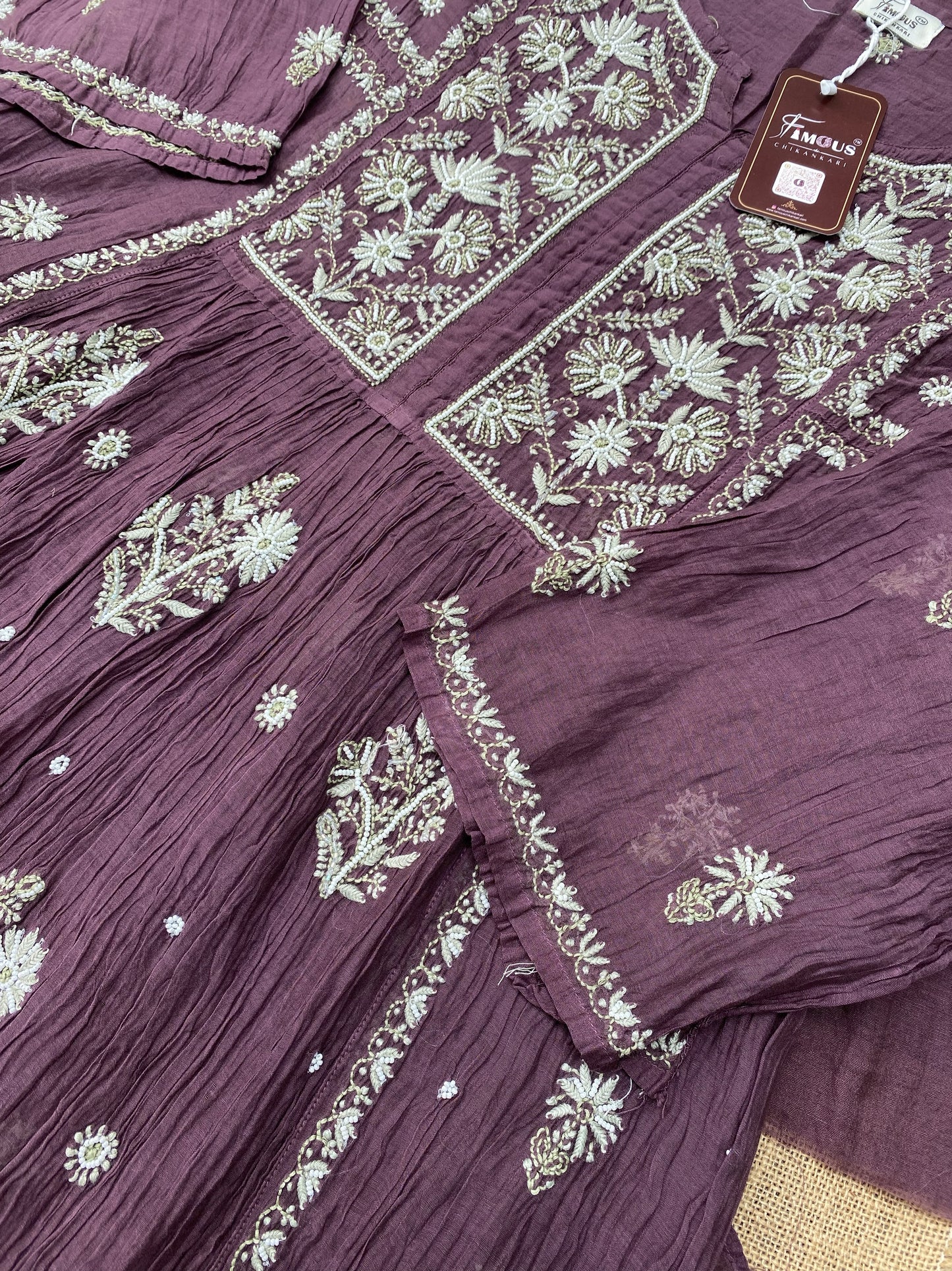 Rahat Wine Chikankari Semi-Stitched Gown With Dupatta