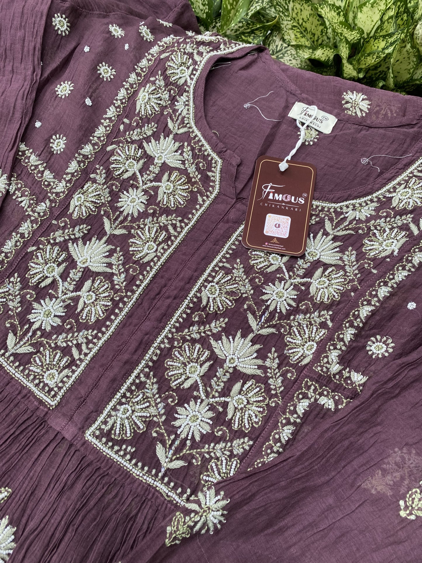 Rahat Wine Chikankari Semi-Stitched Gown With Dupatta
