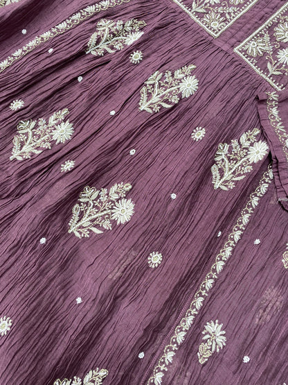 Rahat Wine Chikankari Semi-Stitched Gown With Dupatta