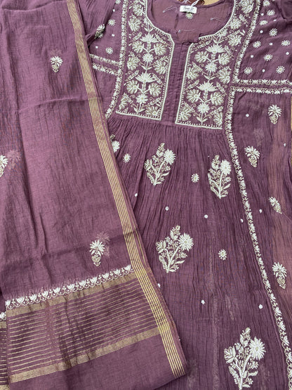 Rahat Wine Chikankari Semi-Stitched Gown With Dupatta