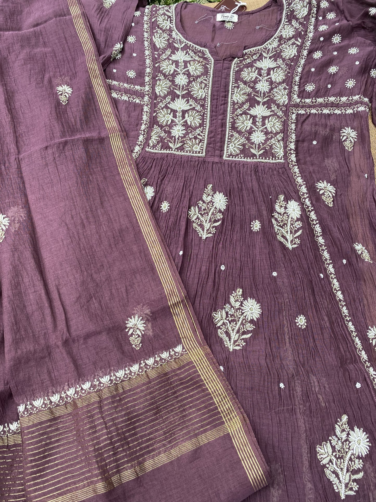 Rahat Wine Chikankari Semi-Stitched Gown With Dupatta