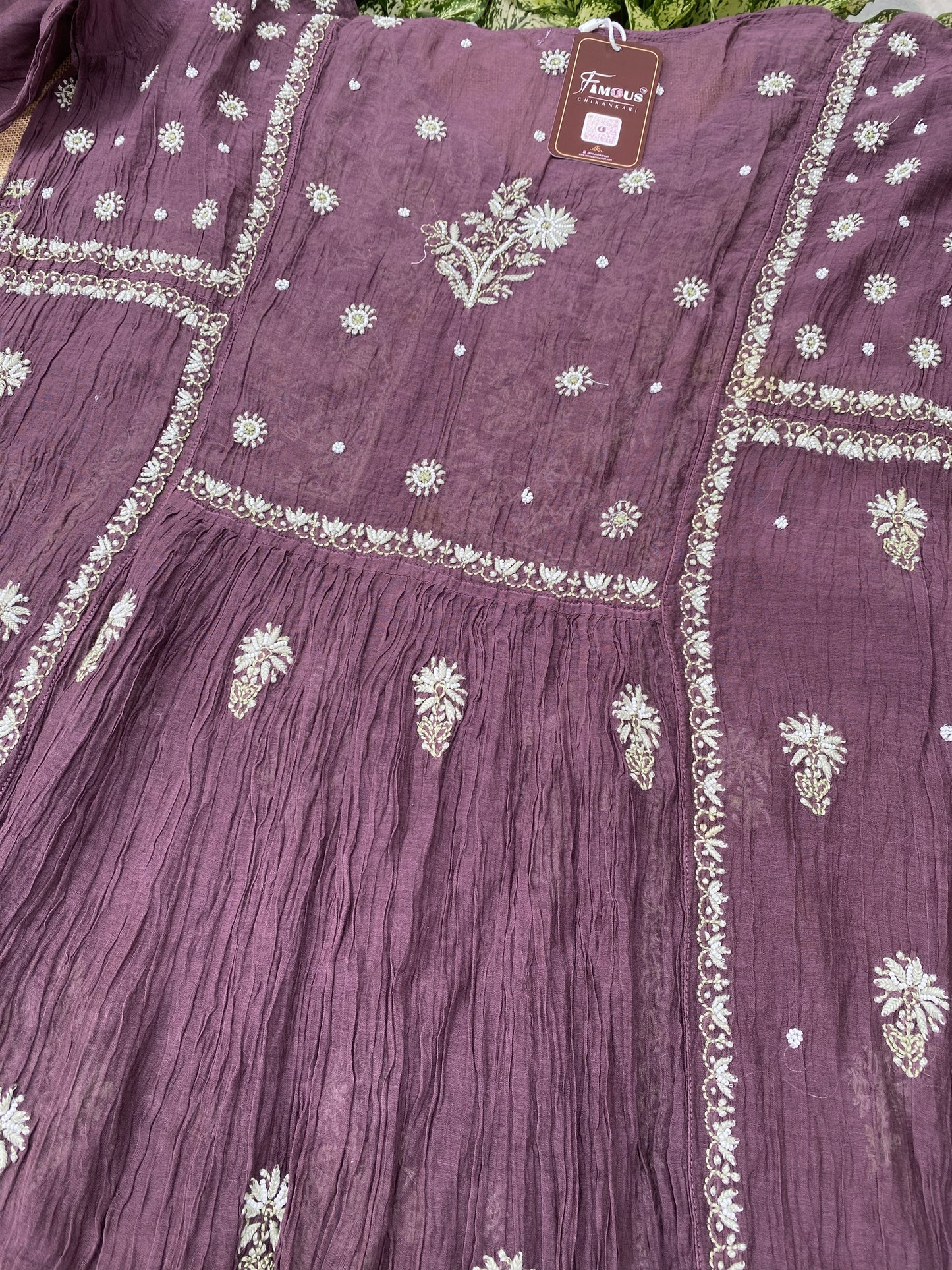 Rahat Wine Chikankari Semi-Stitched Gown With Dupatta