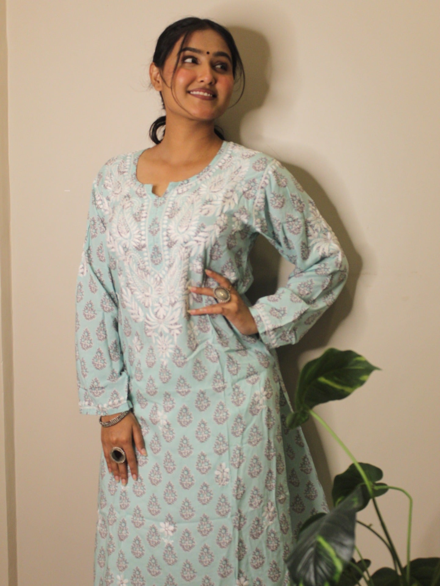 Aqua Green Chikankari Straight Long Kurti