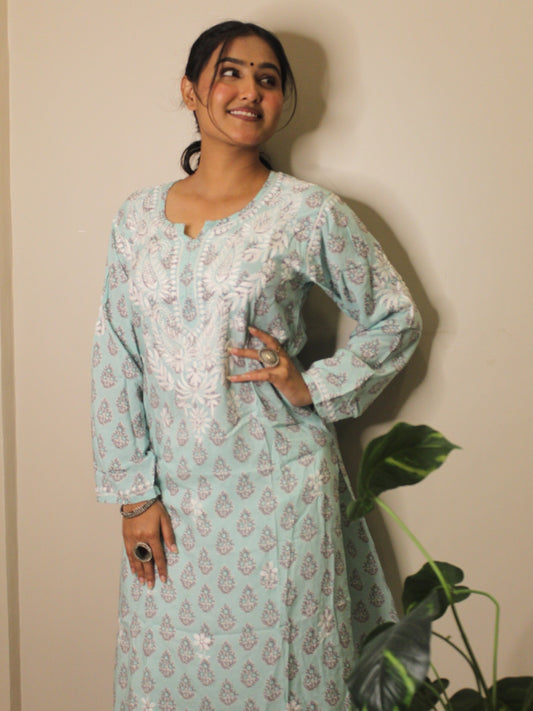 Aqua Green Chikankari Straight Long Kurti - Famous Chikankari