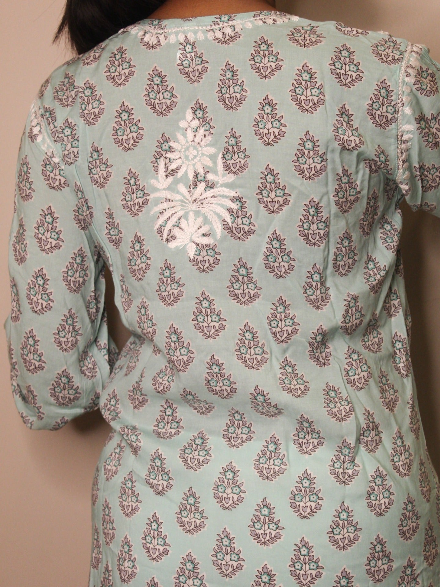 Aqua Green Chikankari Straight Long Kurti