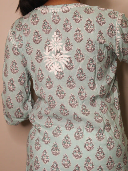 Aqua Green Chikankari Straight Long Kurti - Famous Chikankari