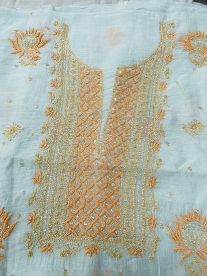 Noor-e-Mulmul Powder Blue Chikankari Unstitched Set
