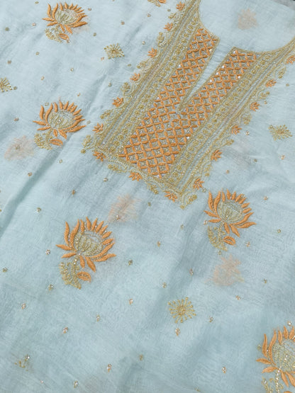 Noor-e-Mulmul Powder Blue Chikankari Unstitched Set