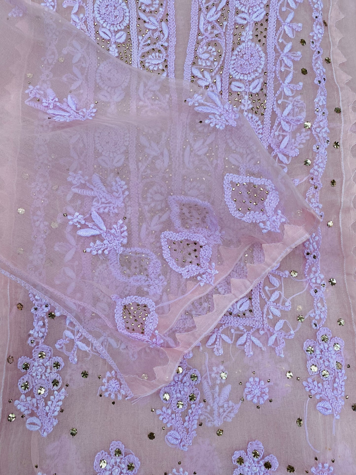 Meher Premium Organza Chikankari Mukaish Unstitched Dress- Light Pink
