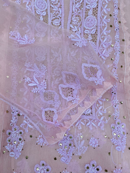 Meher Premium Organza Chikankari Mukaish Unstitched Dress- Light Pink
