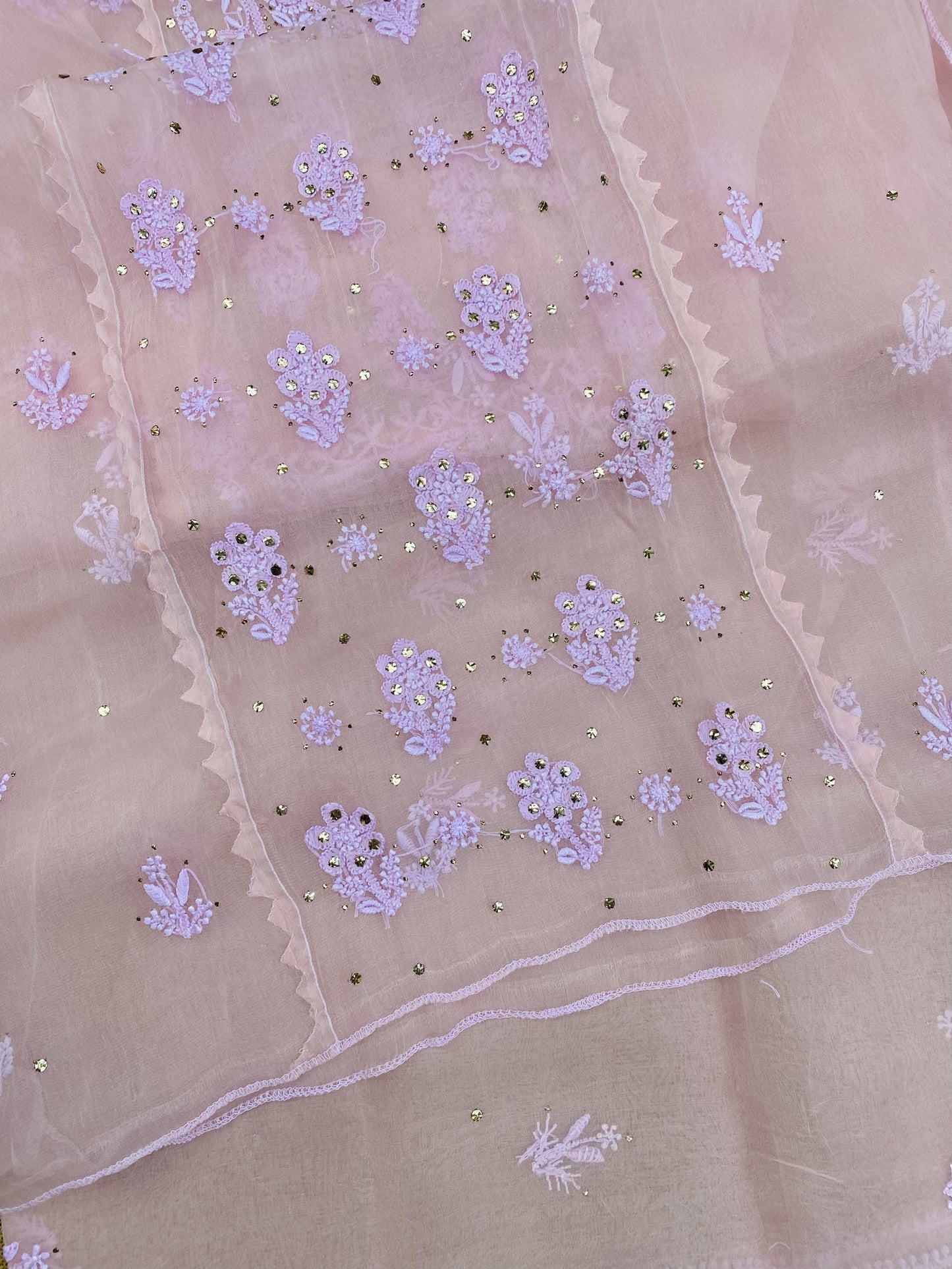 Meher Premium Organza Chikankari Mukaish Unstitched Dress- Light Pink