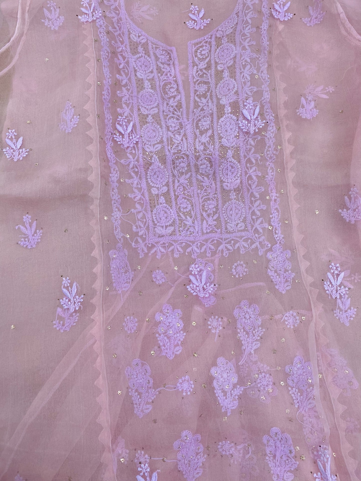 Meher Premium Organza Chikankari Mukaish Unstitched Dress- Light Pink