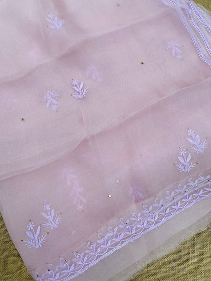 Meher Premium Organza Chikankari Mukaish Unstitched Dress- Light Pink