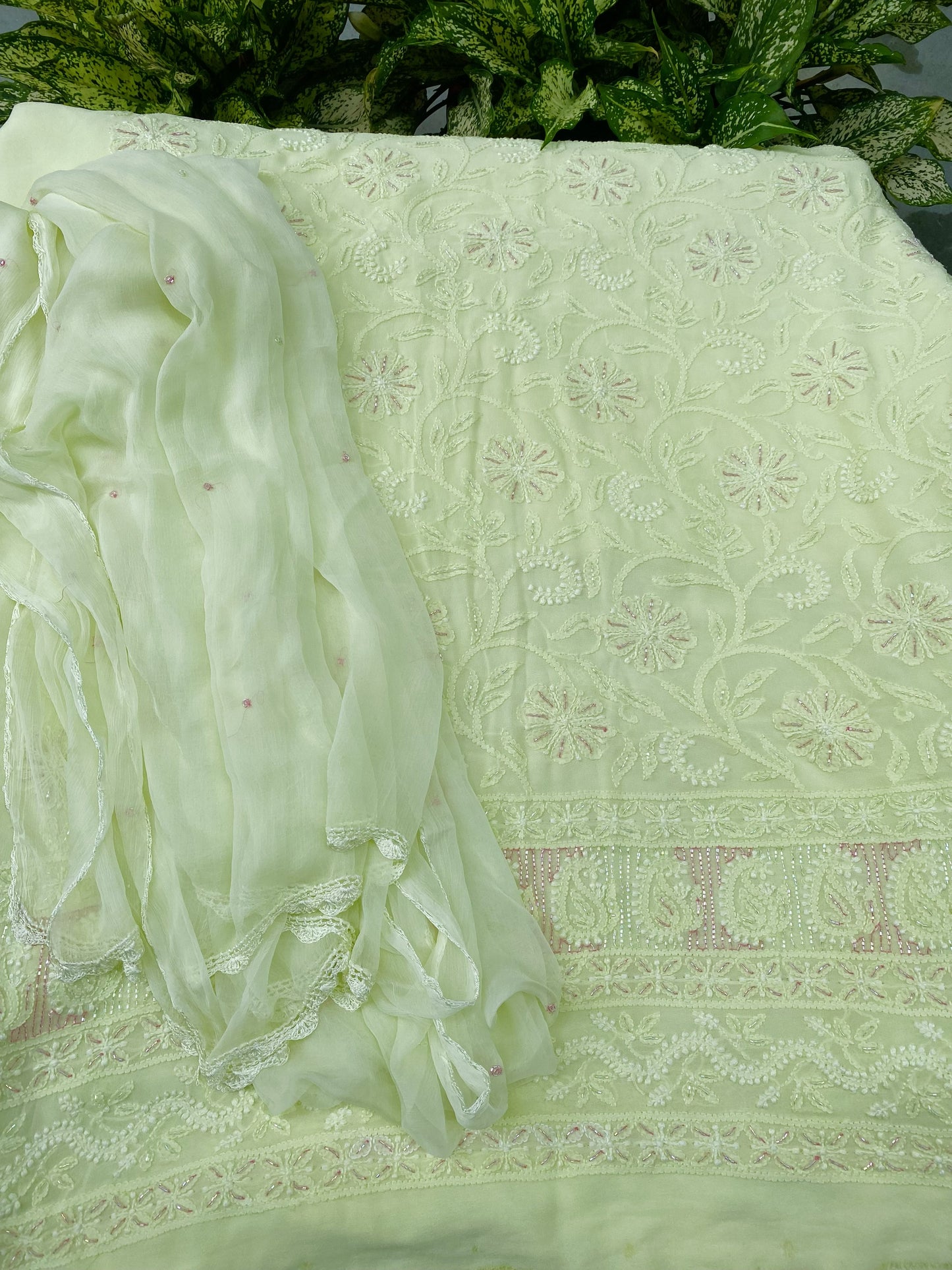 Rangrez Noor| Lime Green Chikankari Unstitched Suit with Multicolour Addons