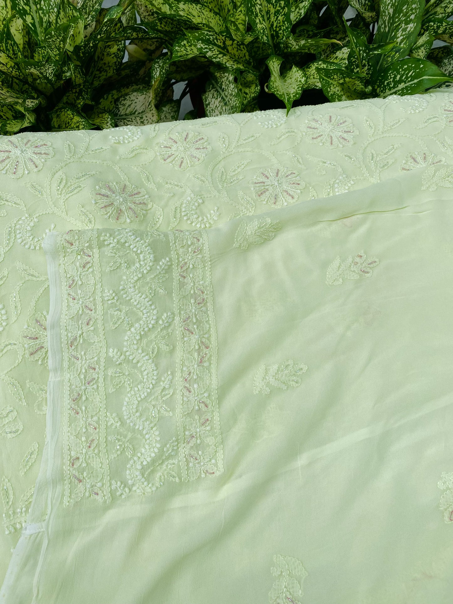 Rangrez Noor| Lime Green Chikankari Unstitched Suit with Multicolour Addons