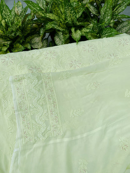 Rangrez Noor| Lime Green Chikankari Unstitched Suit with Multicolour Addons