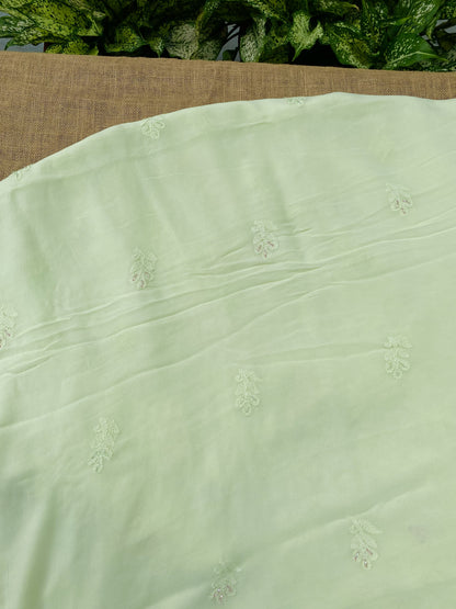 Rangrez Noor| Lime Green Chikankari Unstitched Suit with Multicolour Addons