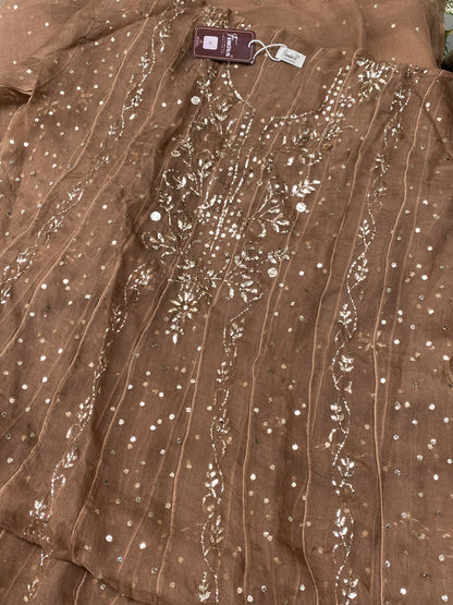 Meher Chocolate Brown Pure Organza Semi-Stitched Anarkali Set