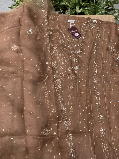 Meher Chocolate Brown Pure Organza Semi-Stitched Anarkali Set