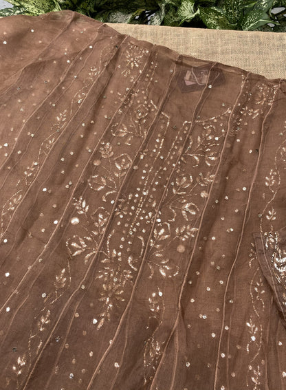 Meher Chocolate Brown Pure Organza Semi-Stitched Anarkali Set