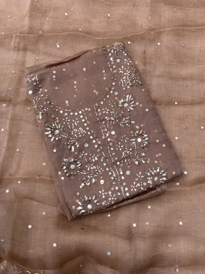 Zarqa-e-Noor – Pure Organza Handcrafted Mukaish Unstitched Suit