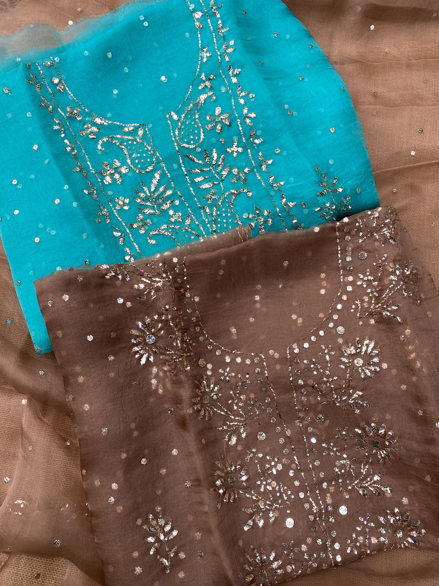 Zarqa-e-Noor – Pure Organza Handcrafted Mukaish Unstitched Suit
