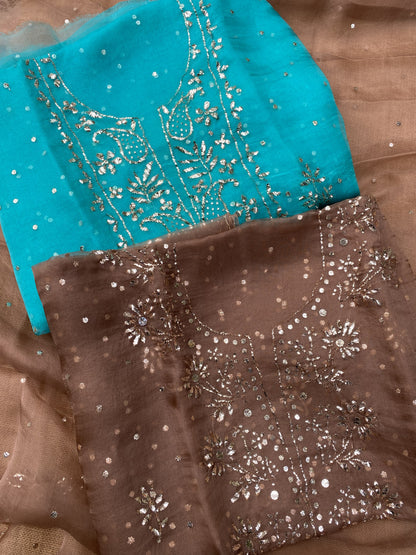 Zarqa-e-Noor – Pure Organza Handcrafted Mukaish Unstitched Suit