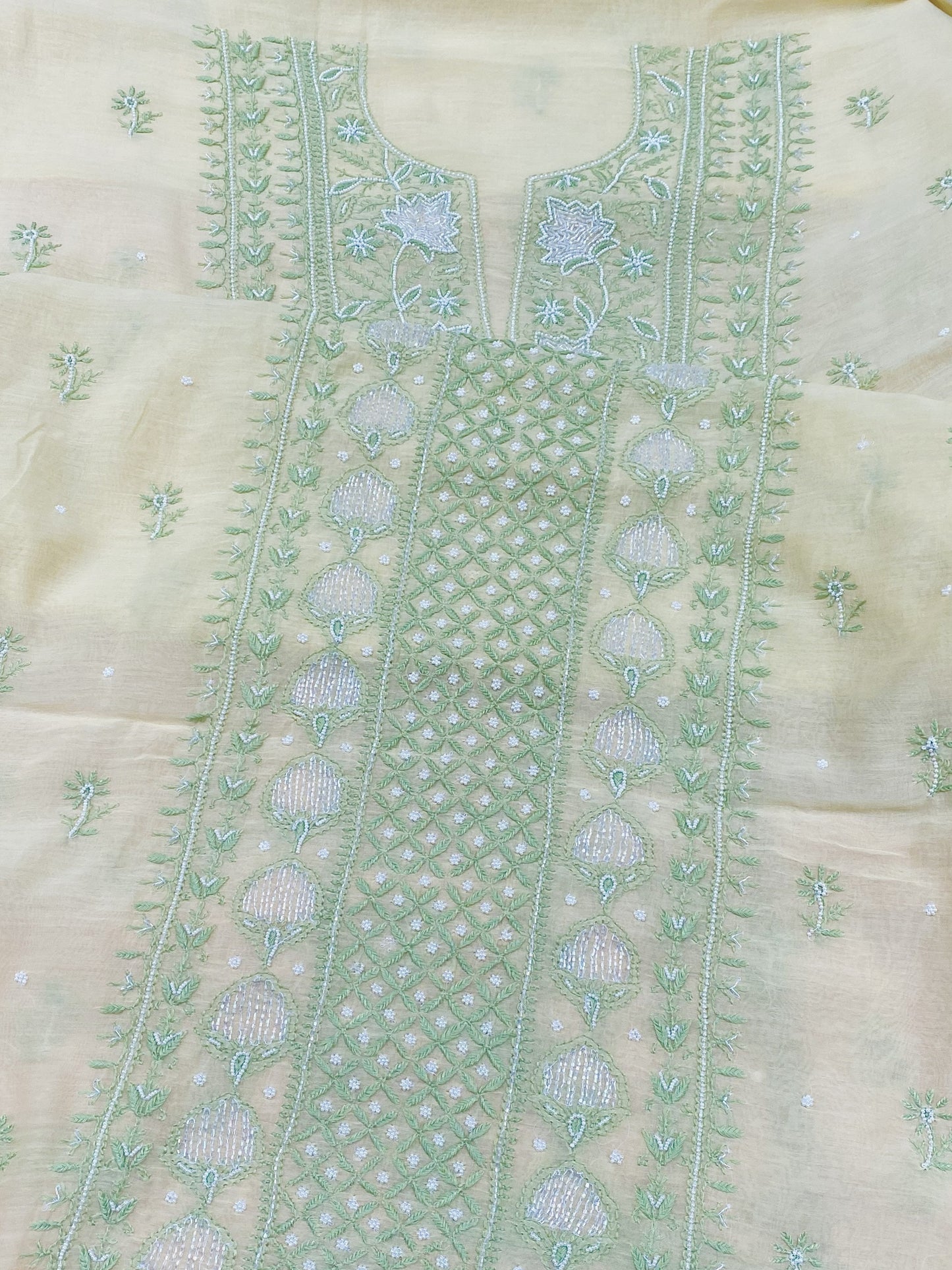 A close-up of a light beige or cream-colored embroidered fabric, likely part of an unstitched salwar suit set. The fabric features a prominent vertical panel with intricate mint green and light blue floral embroidery, geometric patterns, and small scattered motifs.