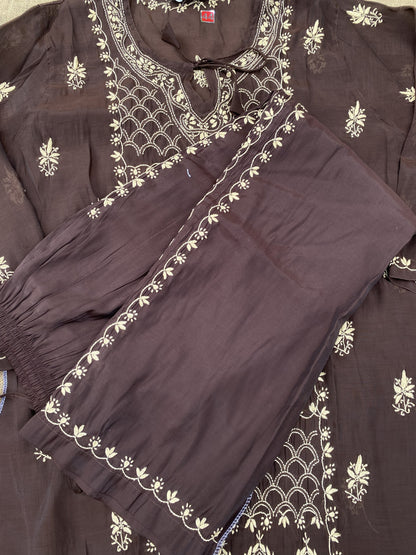 Sarah- Chocolate Brown Chikankari Semi-Stitched Co-ord Sets