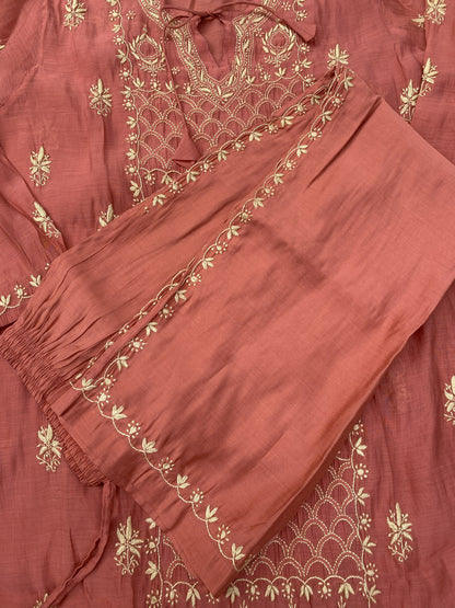 Sarah- Rust Chikankari Semi-Stitched Co-ord Sets