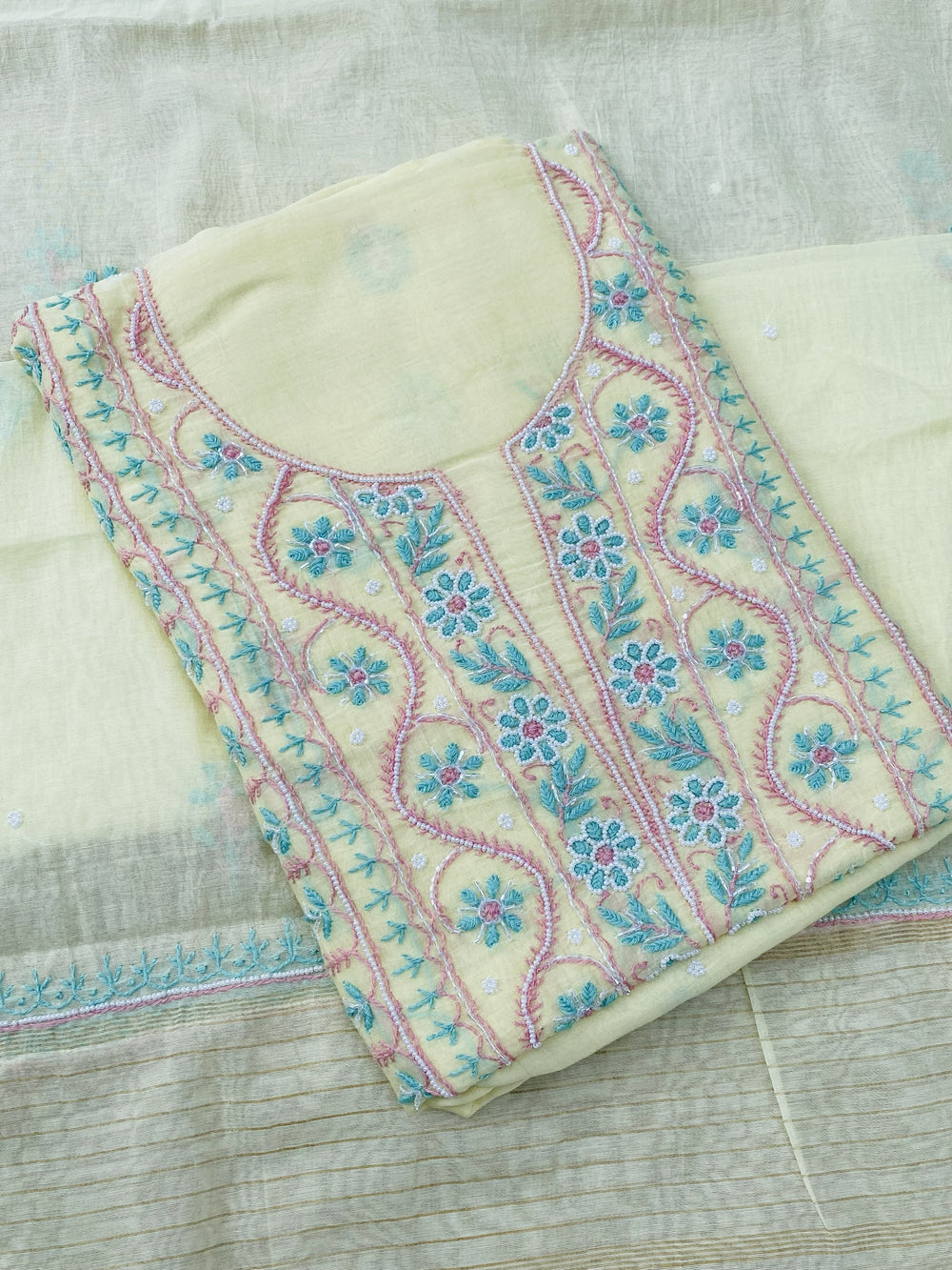 Noor-e-mulmul Unstitched Chikankari Set - Lemon Yellow