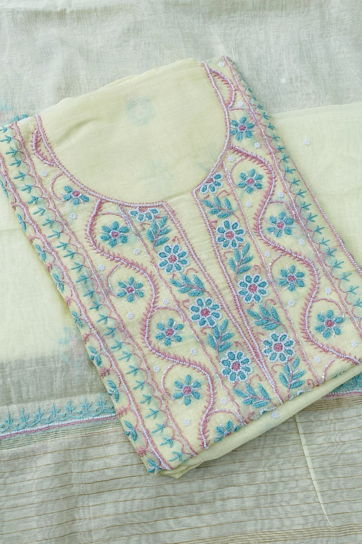 Noor-e-mulmul Unstitched Chikankari Set - Lemon Yellow