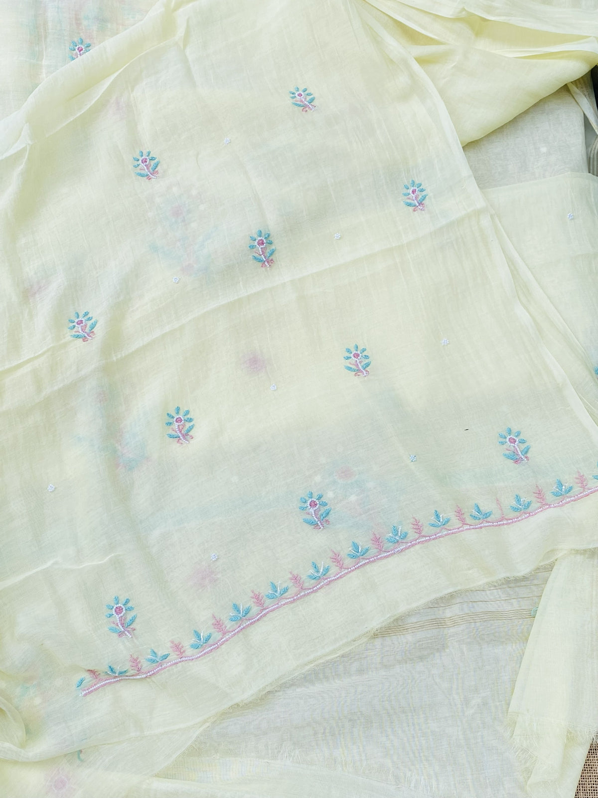 Noor-e-mulmul Unstitched Chikankari Set - Lemon Yellow