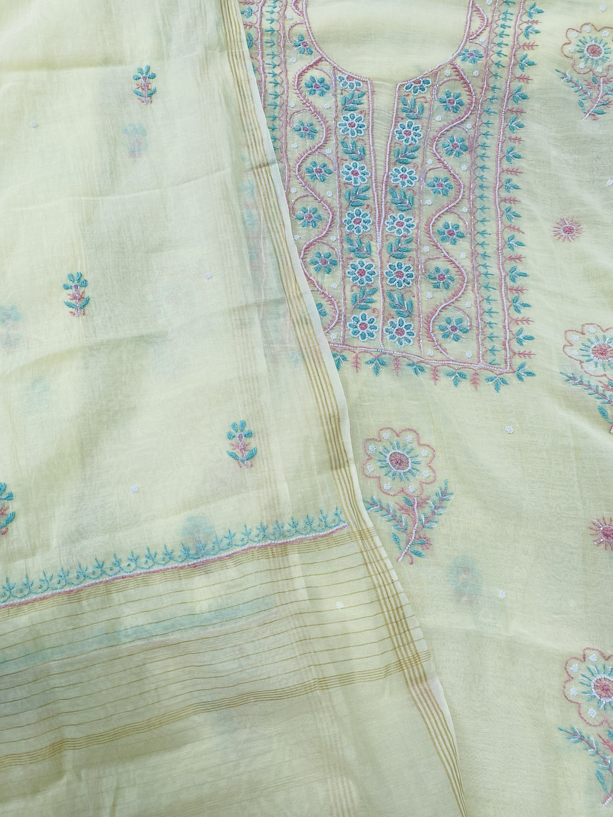Noor-e-mulmul Unstitched Chikankari Set - Lemon Yellow