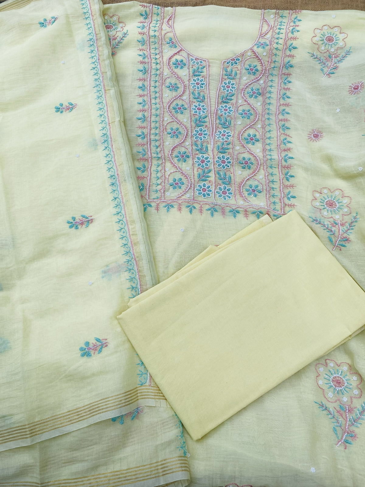 Noor-e-mulmul Unstitched Chikankari Set - Lemon Yellow