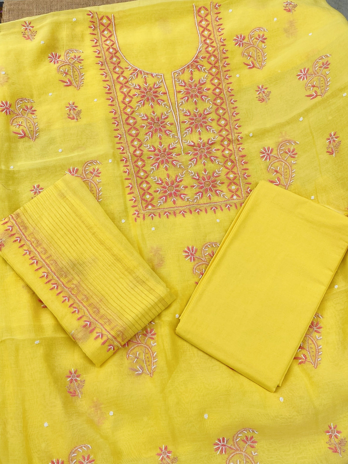 Noor-e-mulmul Unstitched Chikankari Set - Yellow