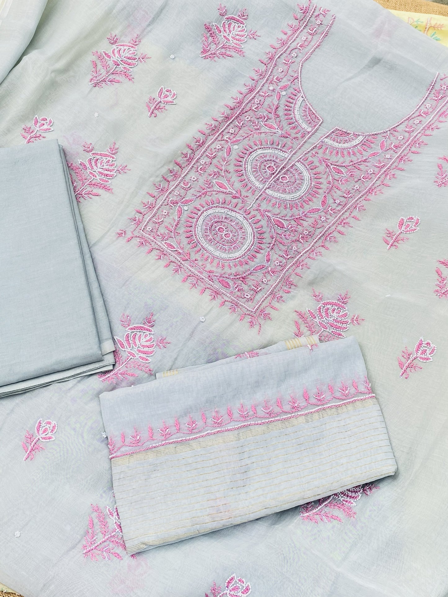Noor-e-mulmul Unstitched Chikankari Set - Grey