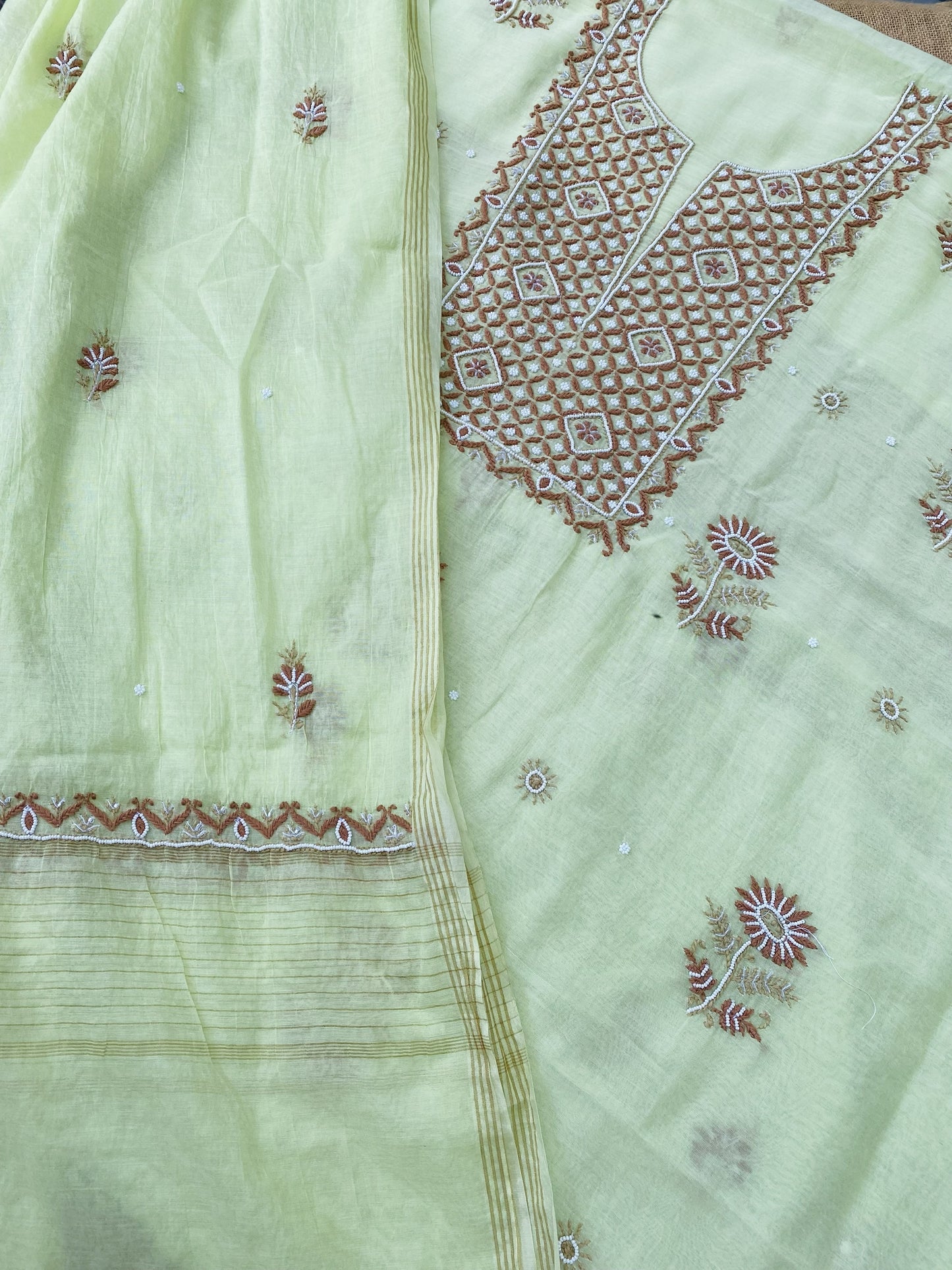Noor-e-Mulmul Pista Green Chikankari Unstiched Set