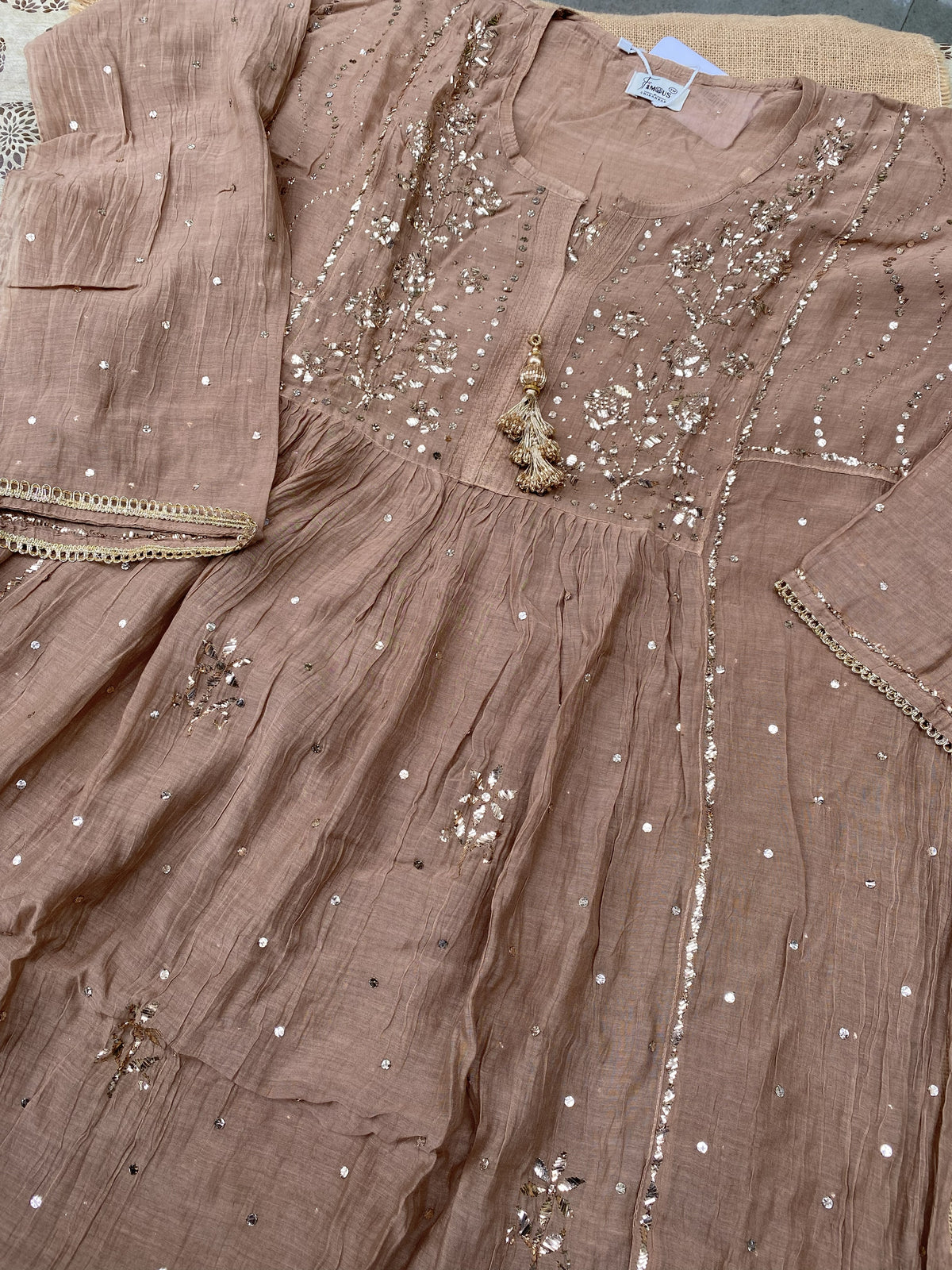 Roohani Semi Stitched Pitta Work Gown Dupatta Set - Chocholate Brown