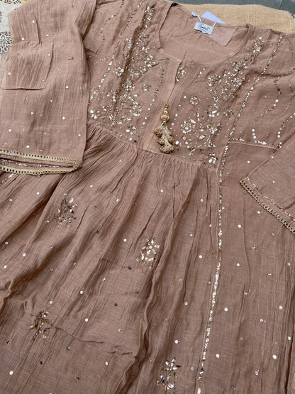 Roohani Semi Stitched Pitta Work Gown Dupatta Set - Chocholate Brown