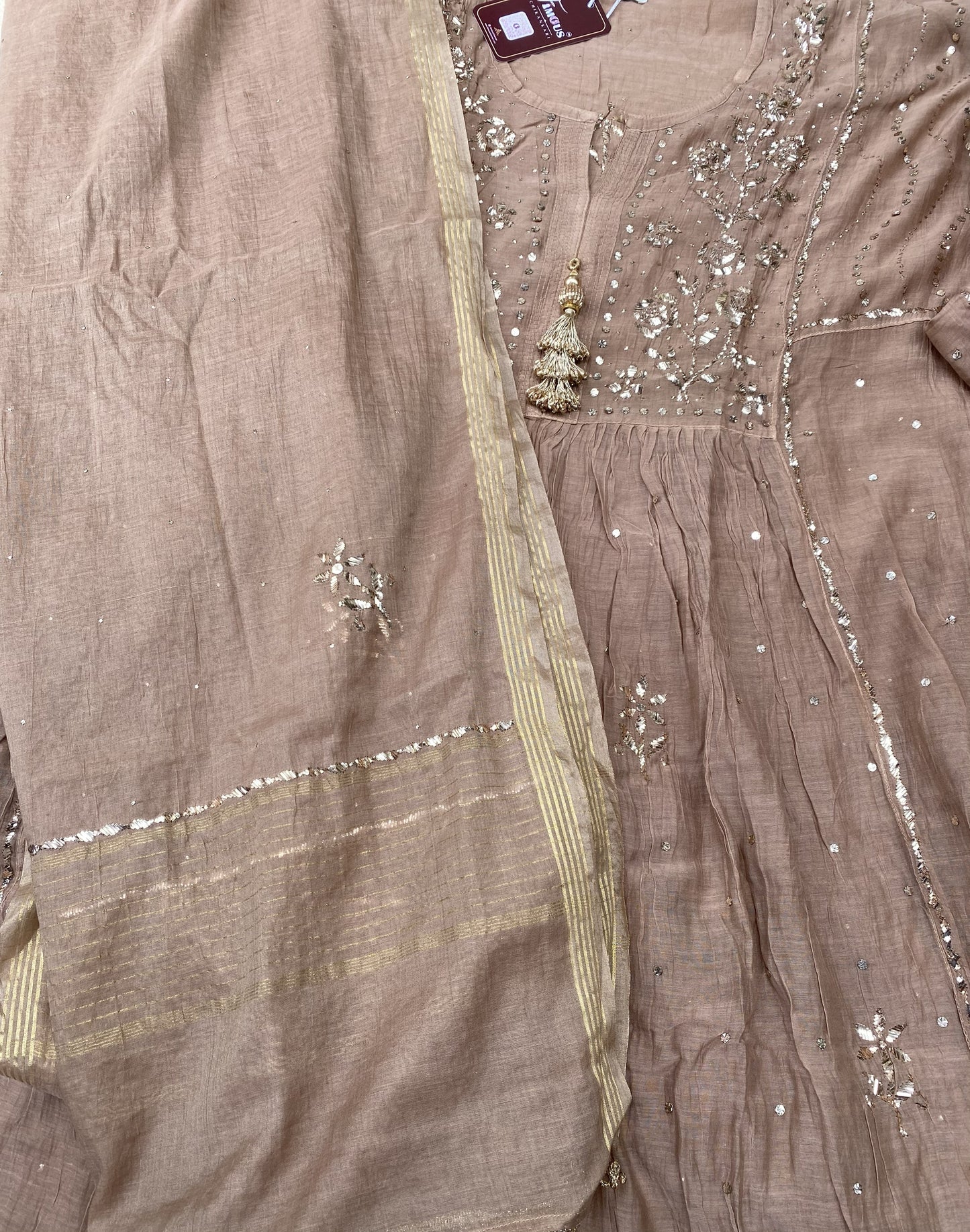 Roohani Semi Stitched Pitta Work Gown Dupatta Set - Chocholate Brown