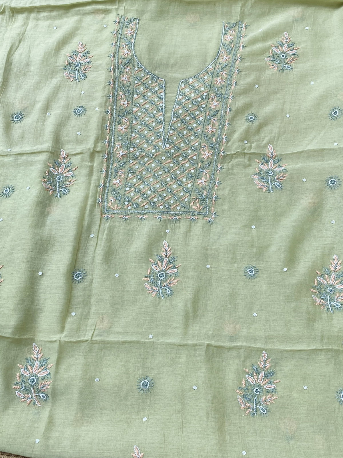 Noor-e-Mulmul Pista Green Chikankari Unstitched Set