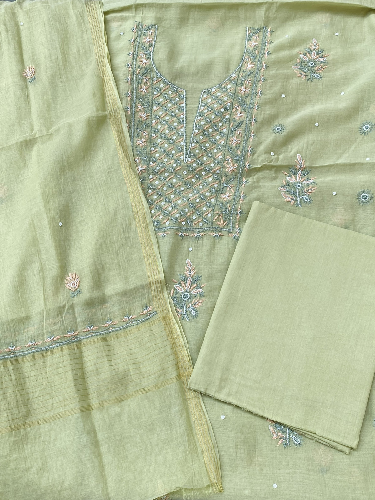 Noor-e-Mulmul Pista Green Chikankari Unstitched Set