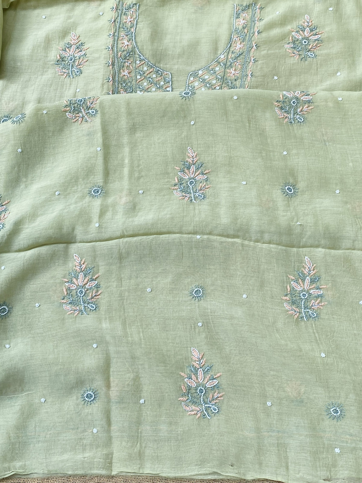 Noor-e-Mulmul Pista Green Chikankari Unstitched Set