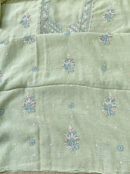 Noor-e-Mulmul Pista Green Chikankari Unstitched Set