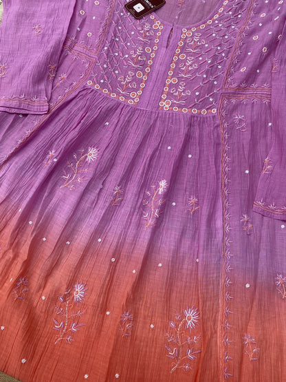Rahat Dual Tone Chikankari Semi-Stitched Gown Dupatta Set - Purple/Dark Peach