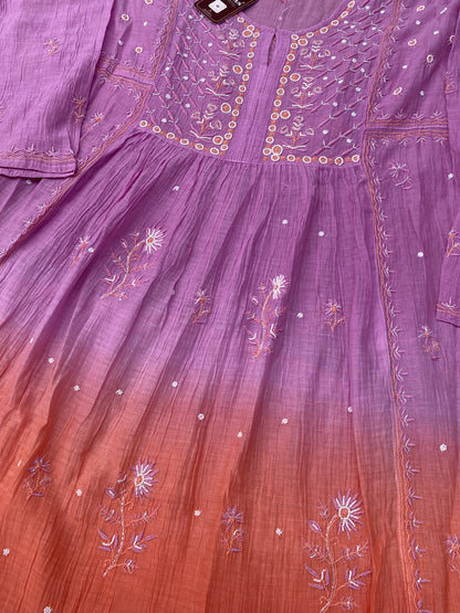 Rahat Dual Tone Chikankari Semi-Stitched Gown Dupatta Set - Purple/Dark Peach