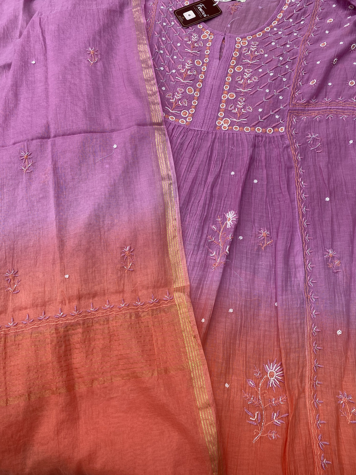 Rahat Dual Tone Chikankari Semi-Stitched Gown Dupatta Set - Purple/Dark Peach