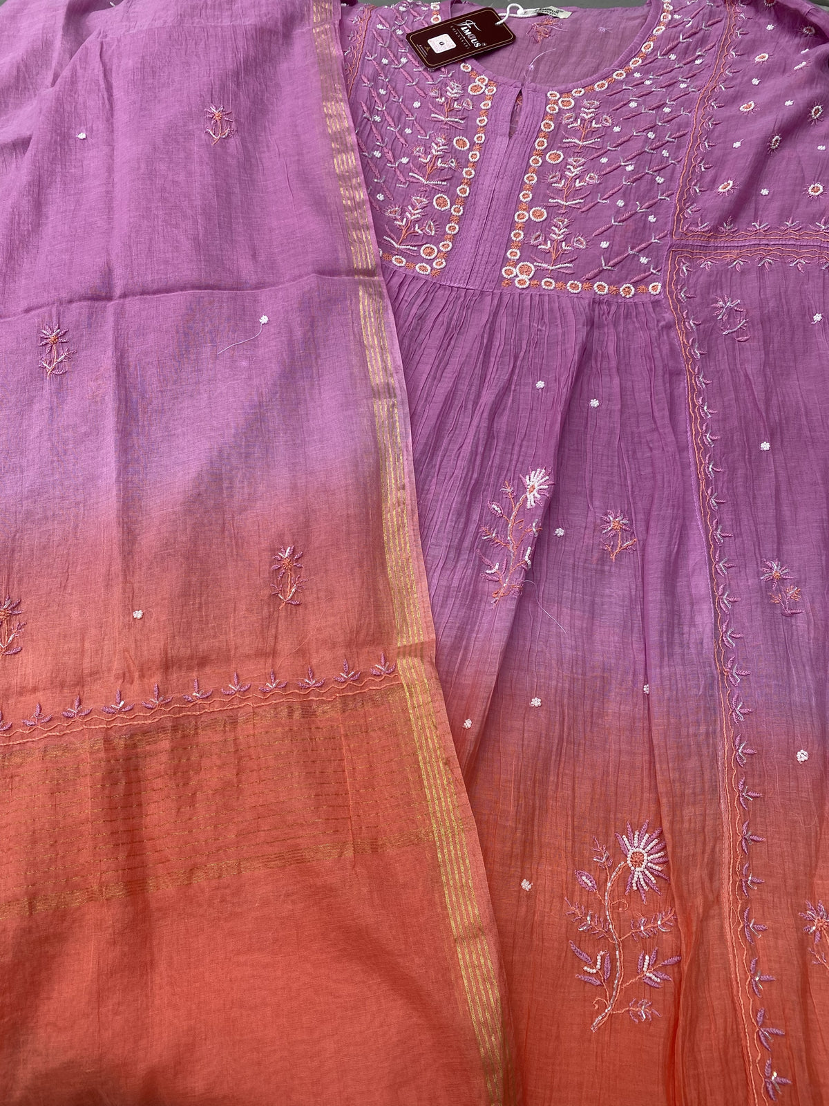 Rahat Dual Tone Chikankari Semi-Stitched Gown Dupatta Set - Purple/Dark Peach
