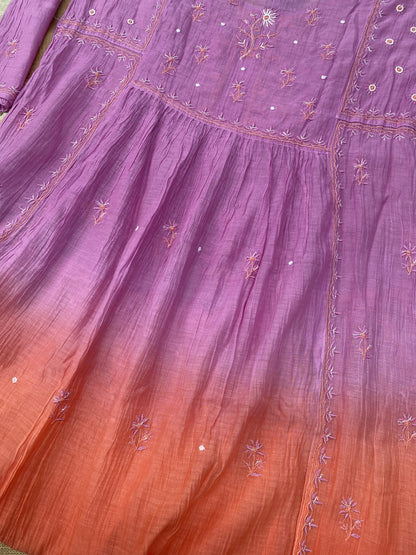 Rahat Dual Tone Chikankari Semi-Stitched Gown Dupatta Set - Purple/Dark Peach